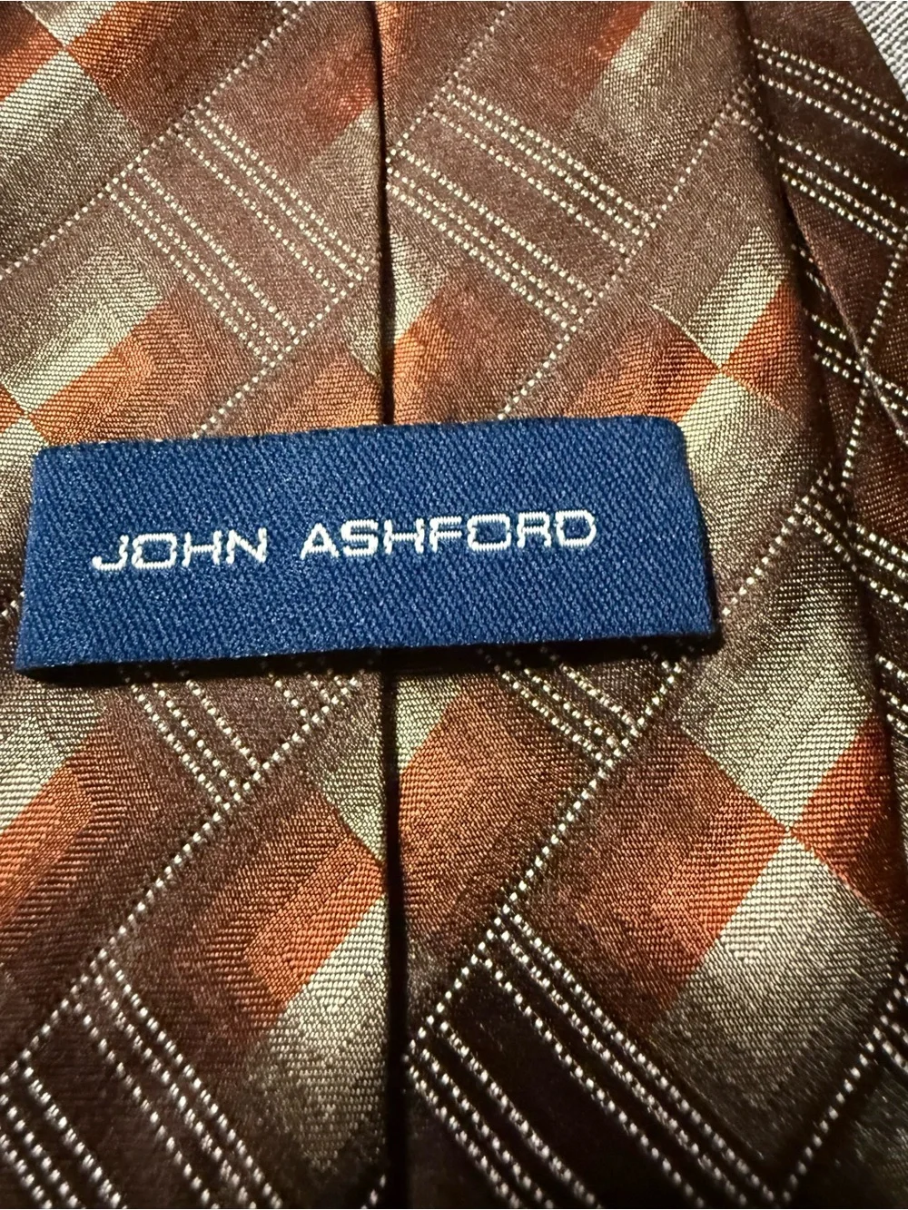 John Ashford Brown and Orange Geometric Silk Tie